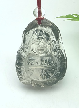 灵山纳福～天然老料绿幽灵水晶佛公挂件送证书一物一图A50-85