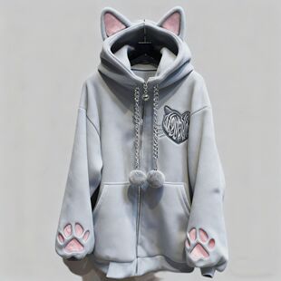 二次元风猫耳连帽外套女可爱猫爪加绒加厚长袖萌系