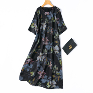 限量龟纹雕印!收藏级别!真丝黑色龟裂纹香云纱裙子短袖连衣裙