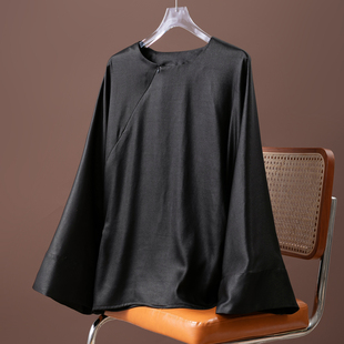 长袖 拉链宽松衬衫 光泽感重缎香云纱黑色真丝连袖 奢级简约新中式