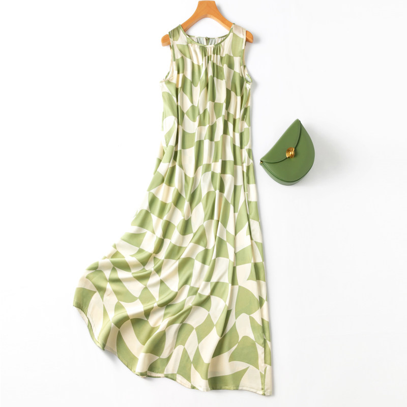 充满清凉感~真丝素绉缎圆领无袖宽松连衣裙绿白色块丝滑