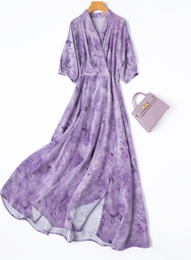 法式艺术感紫色！1.2米加长款！巨飘逸大裙摆真丝连衣裙长裙女