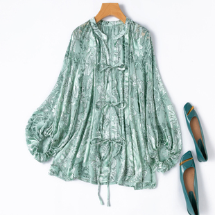 美美防晒！宽松A字 半透真丝剪花绡插肩灯笼袖系带蝴蝶结开衫衬衫