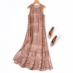 加长桑蚕丝 草染工艺重工刺绣真丝连衣裙A字透气背心裙 半透视