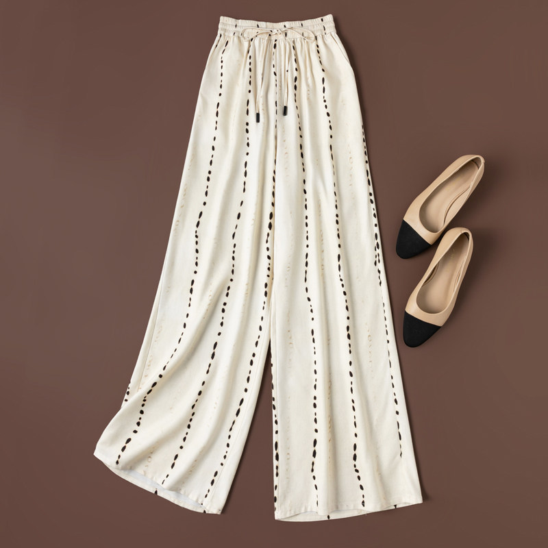 老钱风&ldquo;牛奶咖啡&rdquo;真丝绢丝松紧腰系带长裤休闲百搭米白直筒裤女