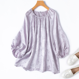 轻奢光泽感！19姆米真丝花罗提花素绉缎宽松插肩泡泡袖T恤灰紫