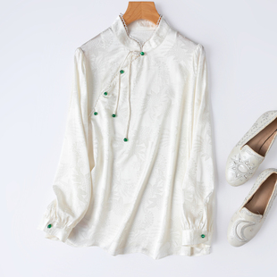 性价比！软糯真丝弹力提花缎面！白色立领长袖斜襟新中式衬衫套头