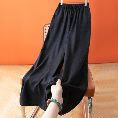 有质感提花绢丝真丝休闲长裤黑色