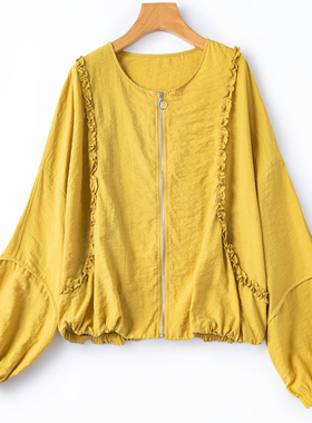 干丝小夹克！显白黄色桑蚕丝减龄木耳边拉链开衫上衣真丝外套女