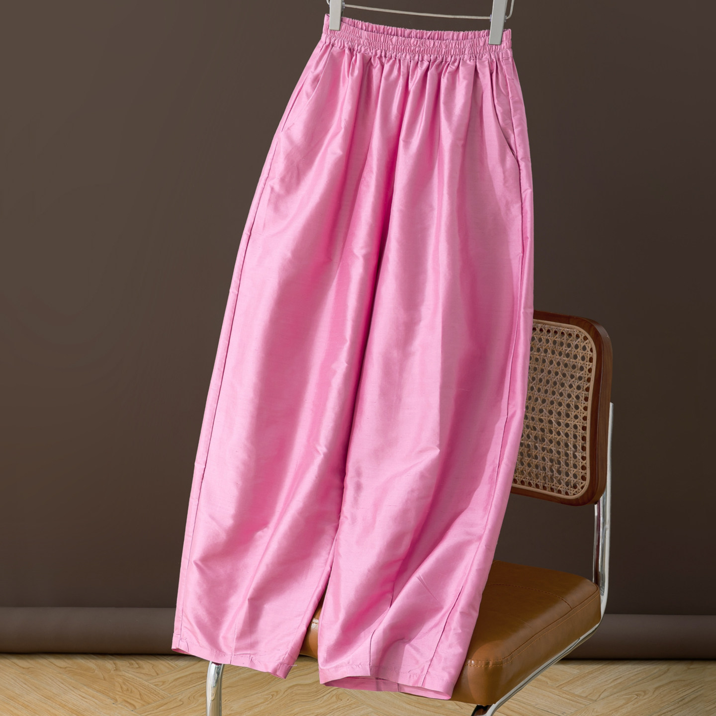 双宫真丝！！有廓型玫粉色九分裤松紧腰哈伦裤桑蚕丝口袋休闲裤女