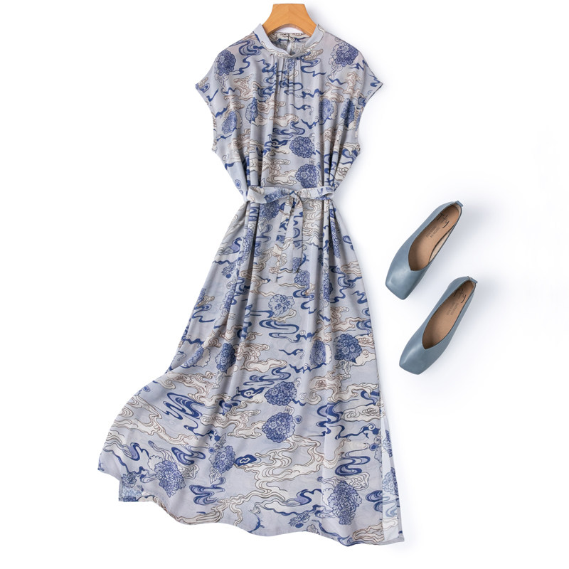 “牡丹祥云”夏季双绉桑蚕丝浪漫气质优雅立领连肩短袖真丝连衣裙