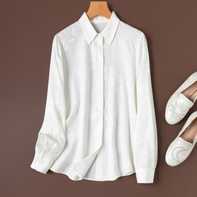 磨砂真丝提花翻领白色长袖衬衫女