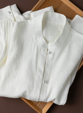 20姆米透气全孔罗冠乐缎！弹力真丝轻国风立领长袖宽松衬衫白上衣
