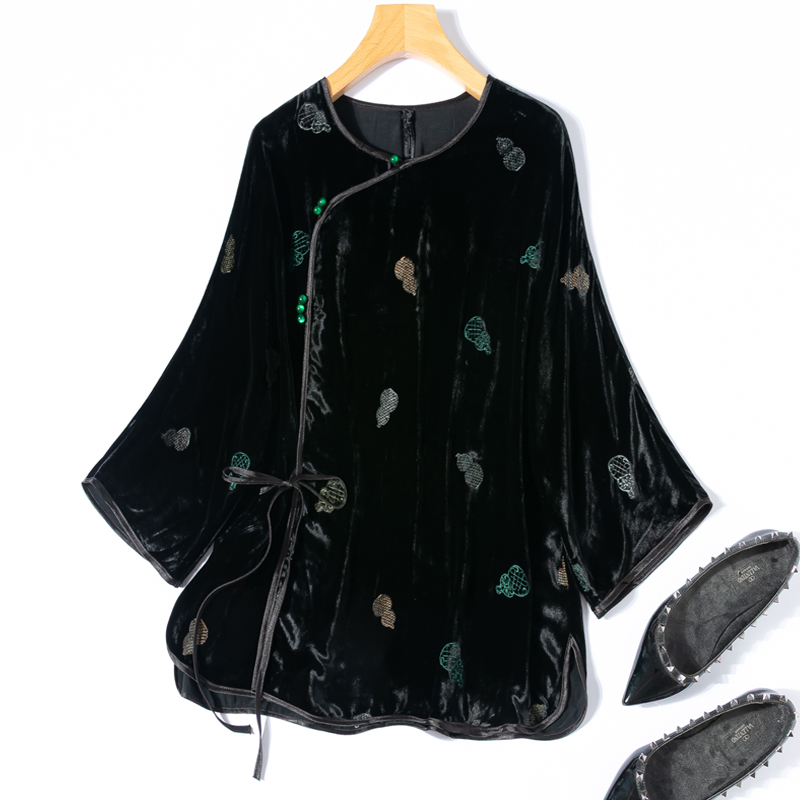 福禄毛衫真丝绣花丝绒斜襟衬衫