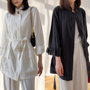 silk立领休闲外搭桑蚕丝可收腰风衣 dry 酷飒拉链干丝外套 中长款
