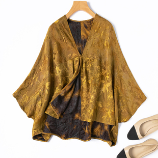 富贵金草染!双面穿!褶皱纹理透气真丝花罗香云纱蝙蝠袖宽松外套