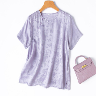 品质高阶！真丝紫色提花缎花罗！国风斜襟桑蚕丝短袖T恤新中式