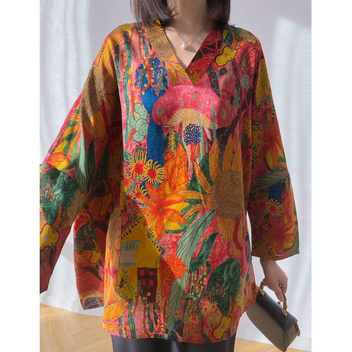 异域风情&ldquo;尼泊尔精灵&rdquo;透气绞罗香云纱口袋复古大T恤落肩袖中长