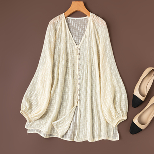 桑蚕丝显白防晒大衬衣  剪花乔其V领插肩袖半透视仙气衬衫开衫女