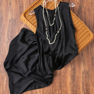 好品质黑色弹力珍珠缎 真丝裙 桑蚕丝背心连衣裙丝绒领休闲中长款