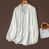 一眼沦陷 女100桑蚕丝春夏 白色衬衫 磨砂真丝提花 设计感新中式