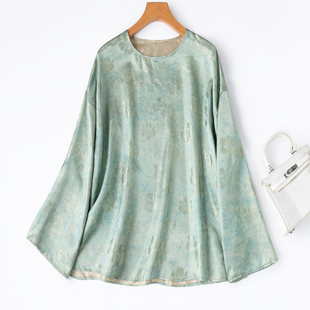 轻盈波光 上衣T恤下摆开叉 金皮提花缎织金真丝简约宽松落肩袖