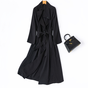 稀缺桑蚕丝 肌理干丝翻领宽松长风衣真丝长外套女春 桑锦绸砂洗