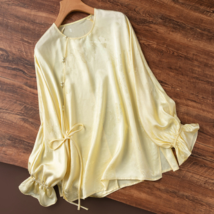 仙仙书卷气！黄色彩金桑波缎桑蚕丝连肩荷叶袖斜襟文艺真丝衬衫女