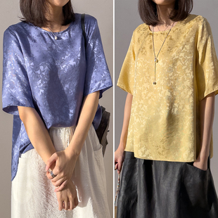花罗提花缎真丝小上衣 桑蚕丝百搭圆领短袖宽松T恤女新款中式小衫