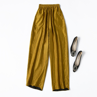 双面穿！龟裂纹金龟缎香云纱！真丝复古感松紧腰宽腿裤长裤女式新