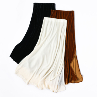 华丽真丝丝绒鱼尾裙！斜裁单侧开叉显瘦复古长款优雅轻礼服半身裙