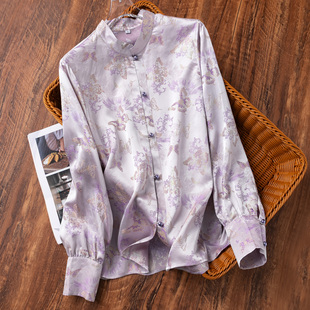 桑蚕丝流光彩金提花缎“紫蝶纷飞”国风立领长袖真丝衬衫春季女