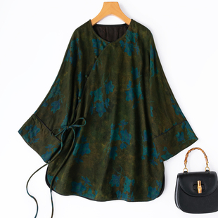 “苍翠蓝莲”扎染风绢纺重磅香云纱桑蚕丝连袖宽松斜襟毛衫衬衫新