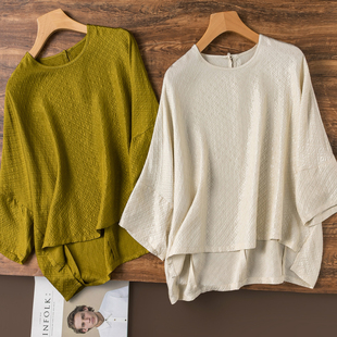 简约大气剪裁 前短后长T恤桑蚕丝上衣女 真丝格子纹冠乐皱蝙蝠袖