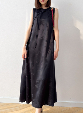 墨色生香！新中式喜上眉梢真丝提花缎加长黑色气质背心连衣裙盘扣