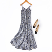 裙长1.25米提花礼服裙 斜裁显瘦21姆米真丝花罗素绉缎印花吊带裙