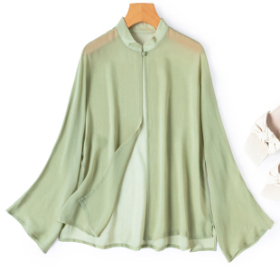 蚕丝衬衫 半透视长袖 立领盘扣真丝防晒外套 绿野薄纱 灵气小披肩