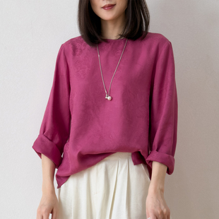 100桑蚕丝圆领上衣女春 T恤 宝藏基础T 30姆米重磅提花绢丝长袖