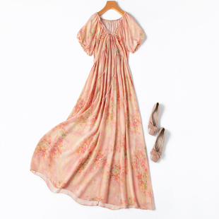油画裙 V领桑蚕丝真丝高腰碎花粉橘色显白加长连衣裙度假长裙
