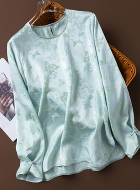 桑蚕丝幻蝶彩金桑波缎！真丝圆领新中式长袖盘扣上衣衬衫T恤蓝色