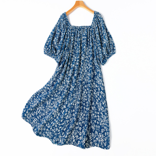 “岛屿弄风”盛夏纳凉款！真丝大方领灯笼袖连衣裙蓝碎花短裙宽松