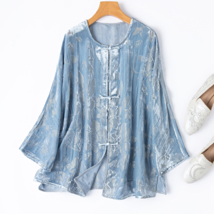 减龄显贵新中式！奢华金线丝绒烂花真丝连肩袖衬衫开衫复古圆领