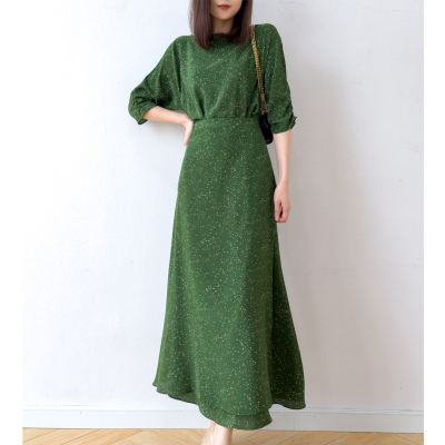 春夏绿点点！真丝双绉加长连衣裙