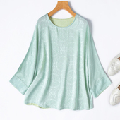 双面双色全孔罗 T恤 一片式 清爽薄荷绿真丝提花桑蚕丝连袖 八分袖