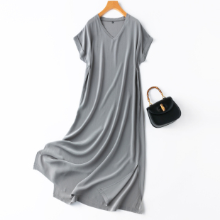 气质灰色 04真丝双绉小重磅纸片人简约宽松V领开叉连衣裙桑蚕丝