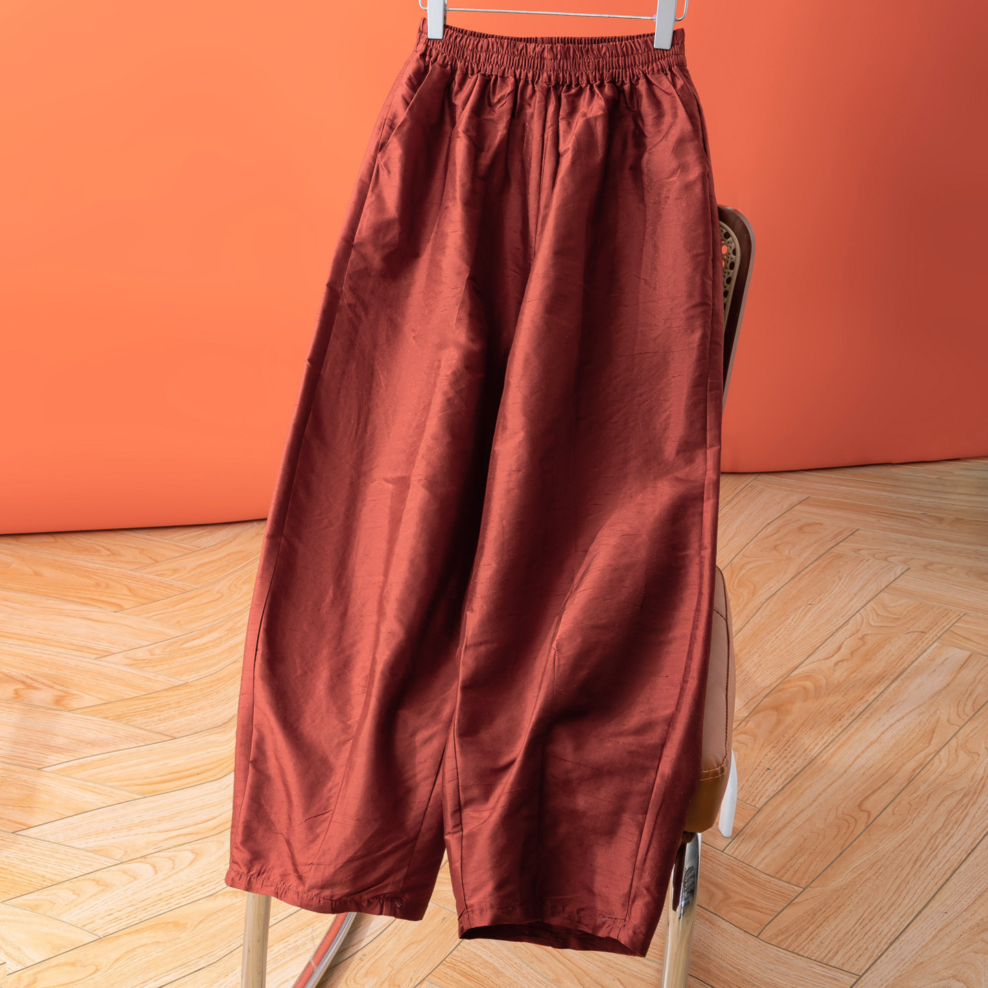 双宫真丝！！有廓型落霞红九分裤松紧腰哈伦裤桑蚕丝口袋休闲裤女