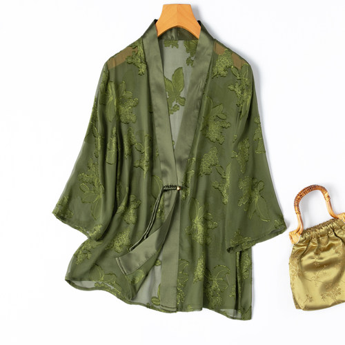 国风汉服！真丝剪花绡七分袖开衫