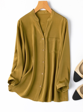 福利！26姆米重磅真丝 桑蚕丝V领九分袖衬衫女OL风气质姜黄色新款