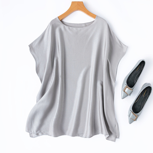 宽松一字领T恤连袖 蝙蝠袖 真丝弹力桑波缎两片式 及简风暗纹提花