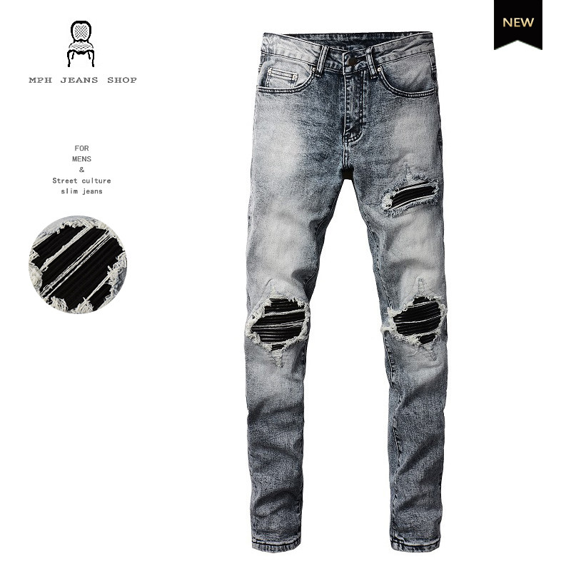 欧美街头美式复古牛仔裤男士潮流pu皮破洞补丁修身男装裤时尚长裤,男装,牛仔裤,淘宝优惠券,粉丝福利购,淘宝优惠卷